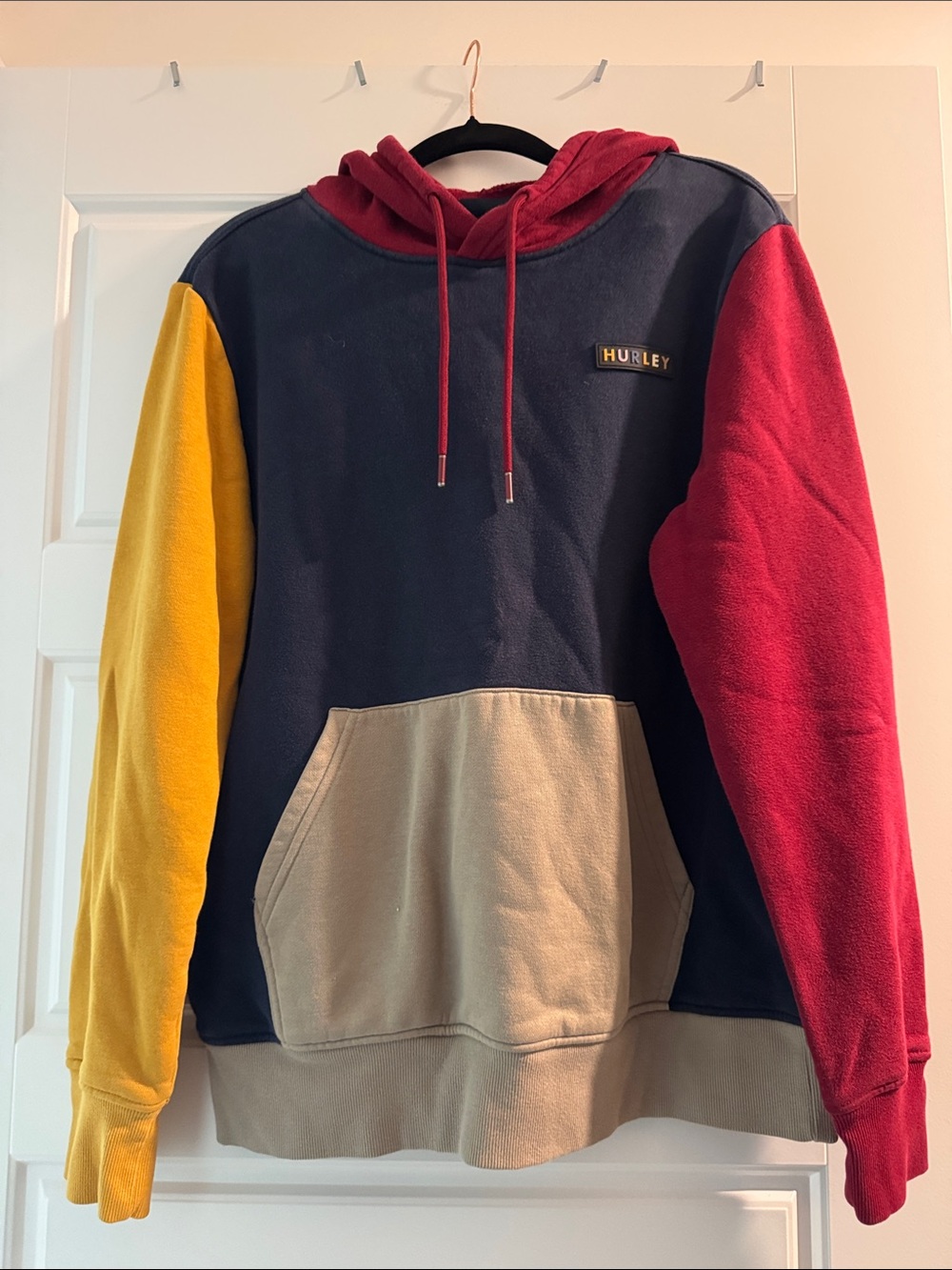 Hurley Navy Pullover Hoodie with Red, Yellow & Tan Colorblocks